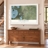 Lake Hamilton, Florida map, 24 x 36 inch print in a white frame above a dresser by a staircase