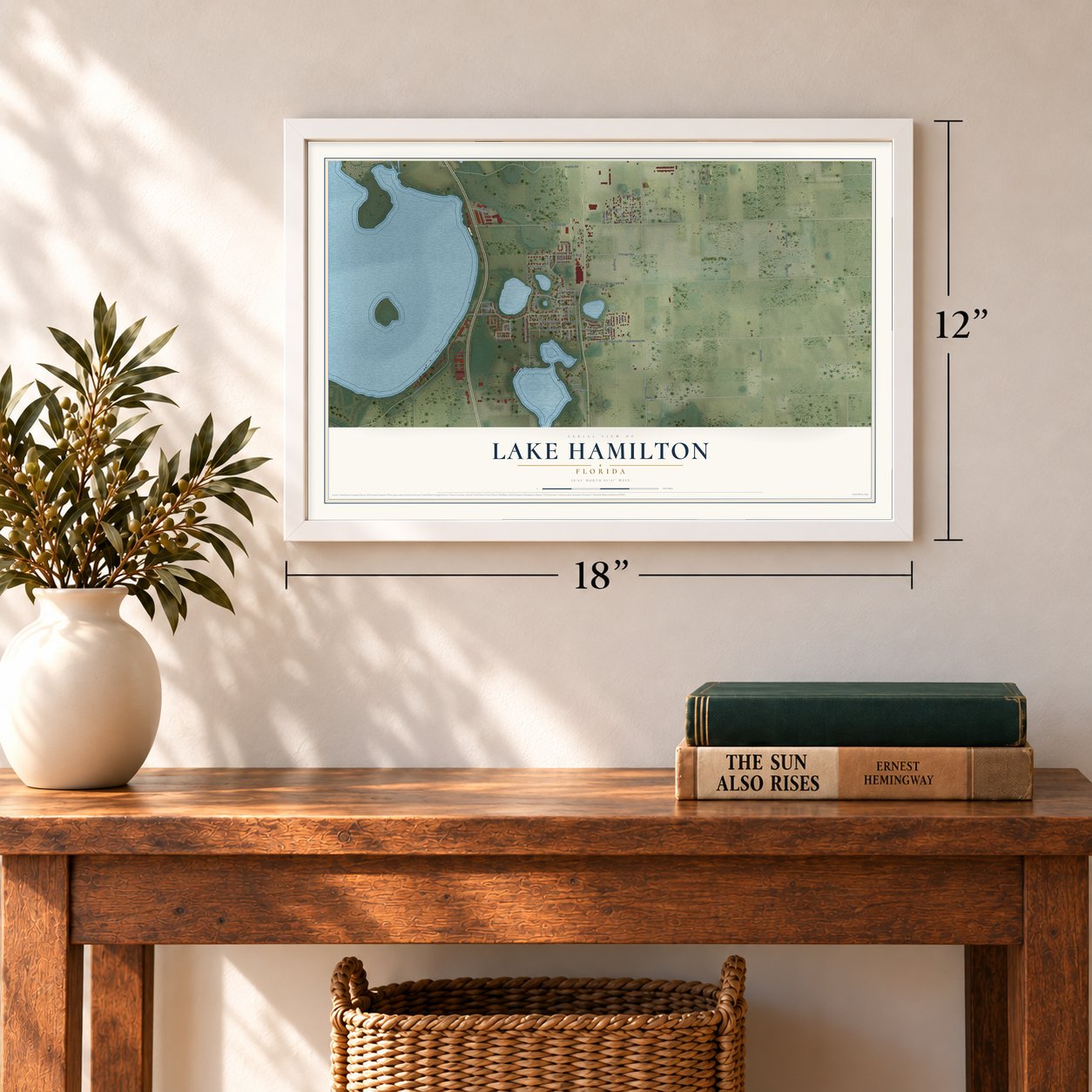 Lake Hamilton, Florida map, 12 x 18 inch print in a white frame in an entryway