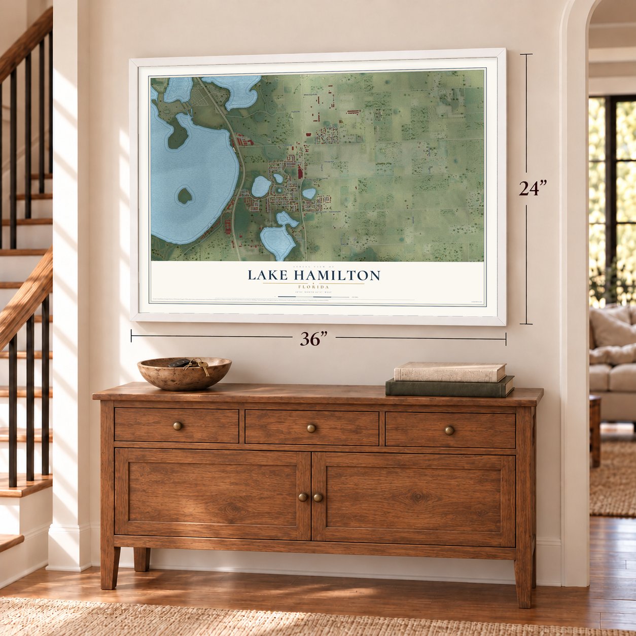 Lake Hamilton, Florida map, 24 x 36 inch print in a white frame above a dresser by a staircase