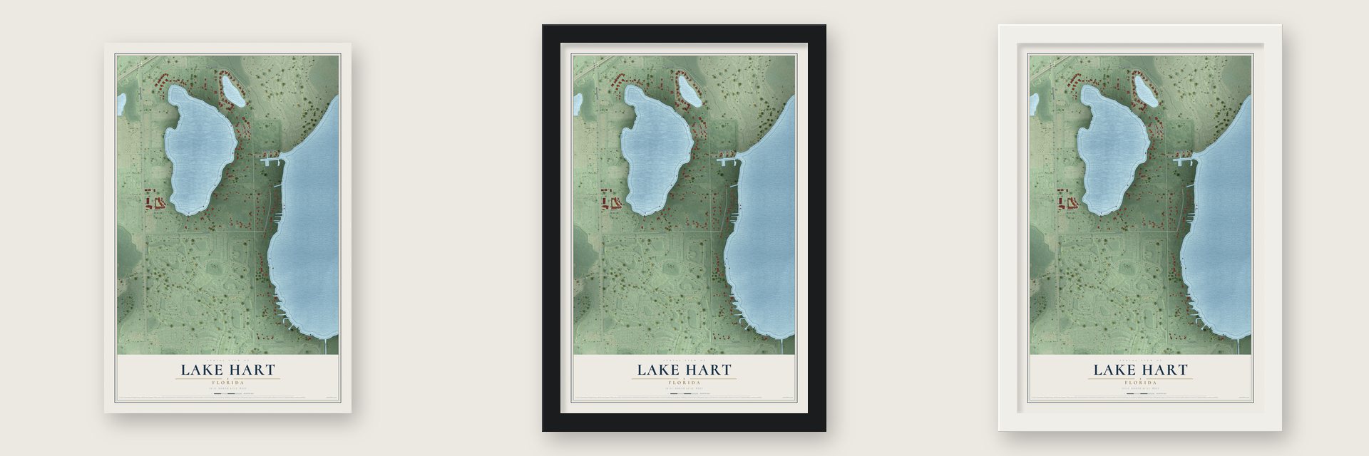 Lake Hart, Florida map unframed, in a black wood frame and in a white wood frame
