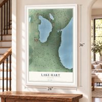 Lake Hart, Florida map, 24 x 36 inch print in a white frame by a staircase