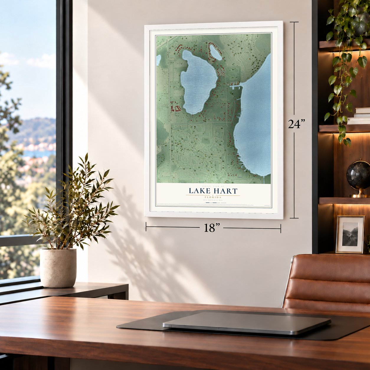 Lake Hart, Florida map, 18 x 24 inch print in a white frame in a home office