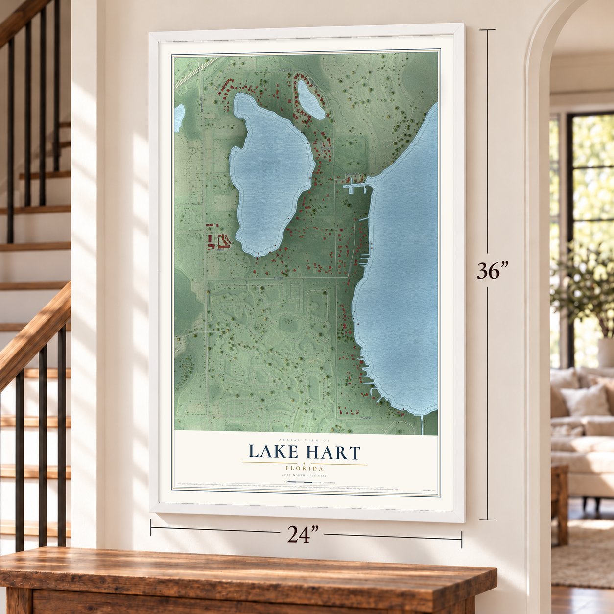 Lake Hart, Florida map, 24 x 36 inch print in a white frame by a staircase