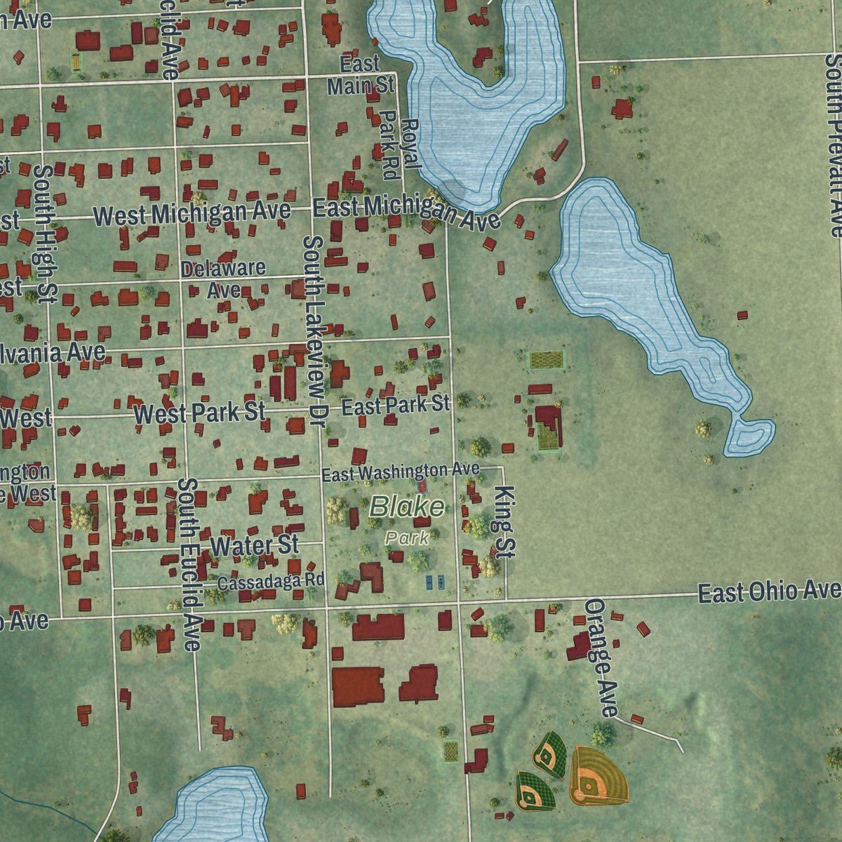 Second close-up of the map of Lake Helen, Florida print showing more streets and buildings