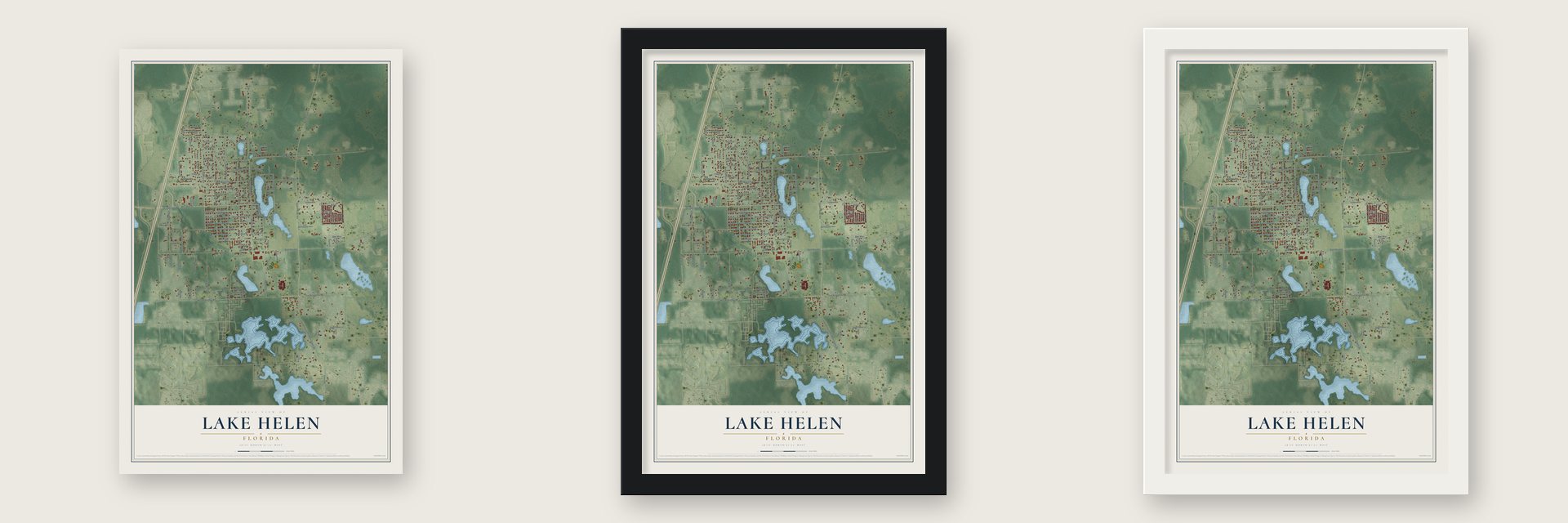 Lake Helen, Florida map unframed, in a black wood frame and in a white wood frame