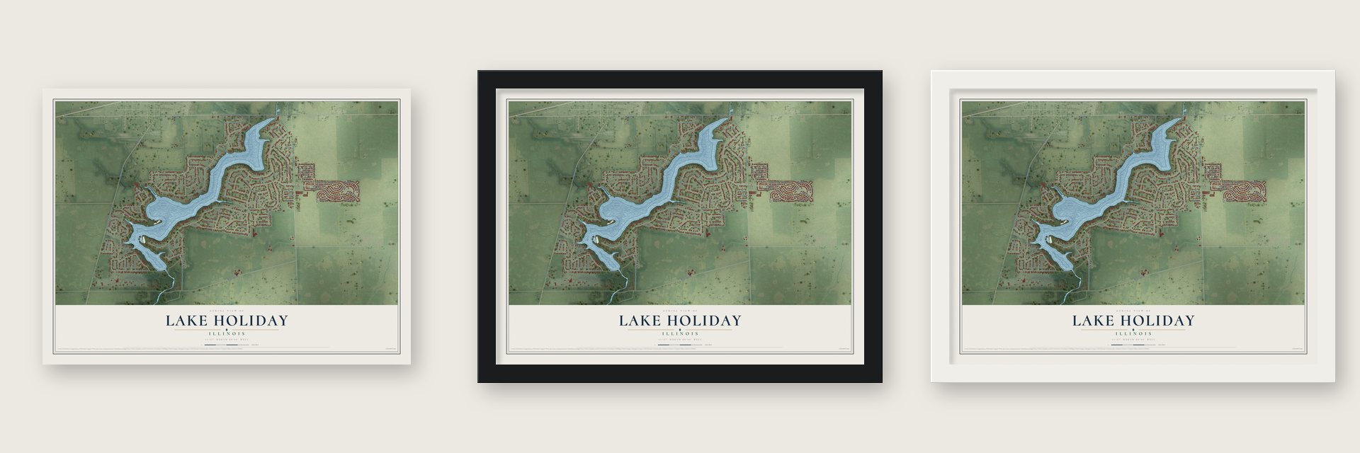 Lake Holiday, Illinois map unframed, in a black wood frame and in a white wood frame