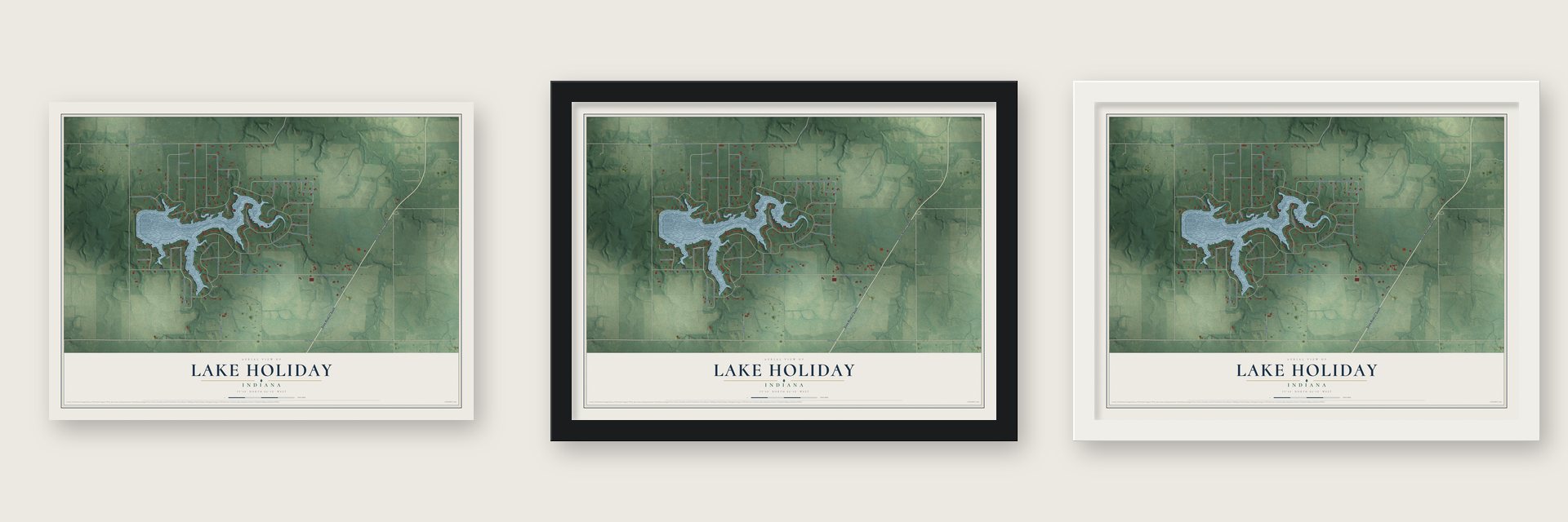 Lake Holiday, Indiana map unframed, in a black wood frame and in a white wood frame