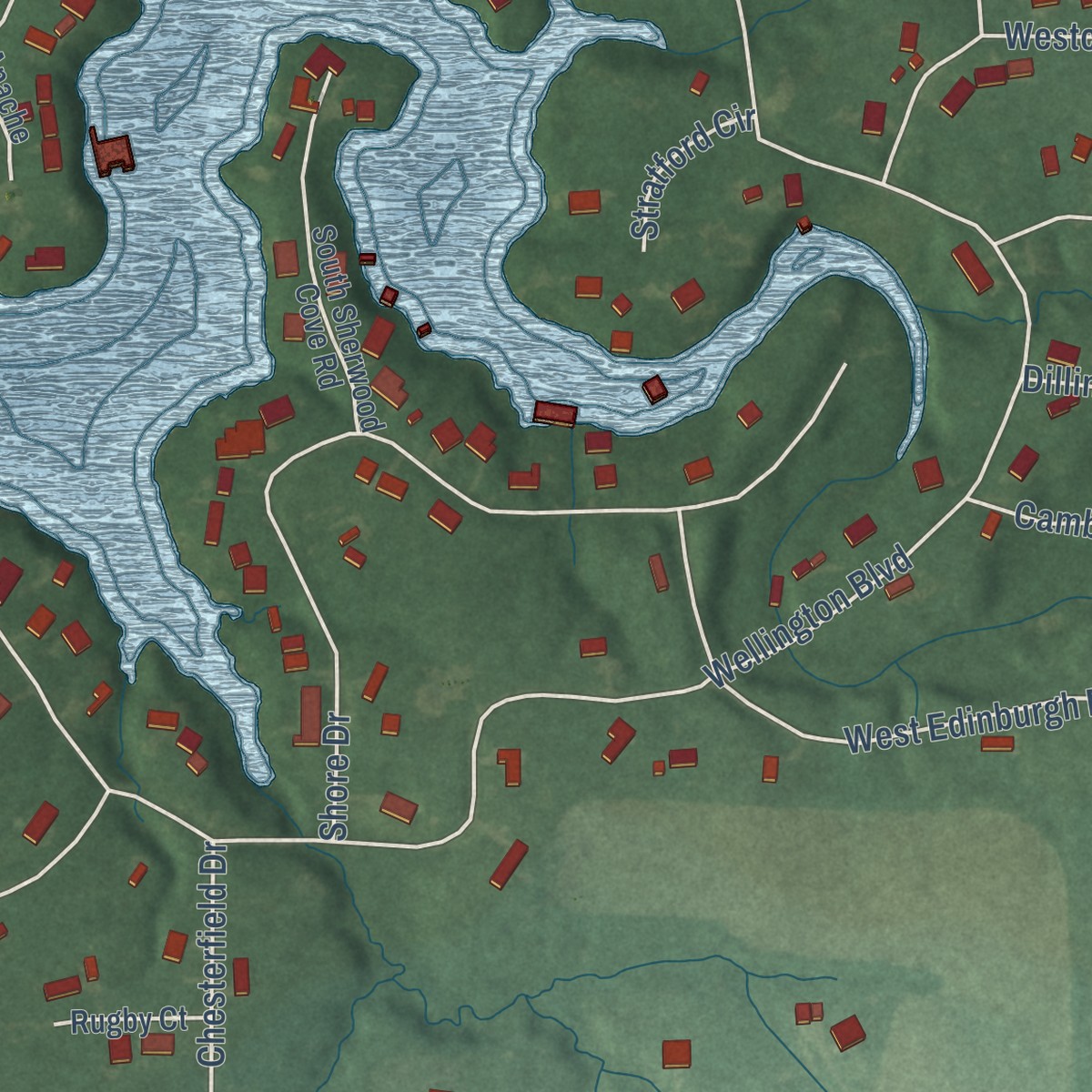 Second close-up of the map of Lake Holiday, Indiana print showing more streets and buildings