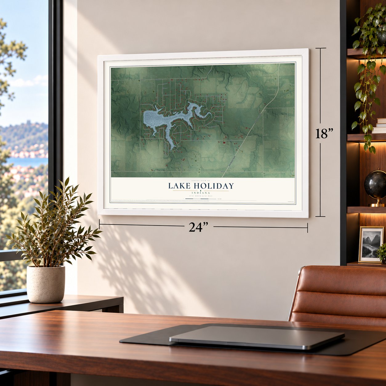Lake Holiday, Indiana map, 18 x 24 inch print in a white frame in a home office