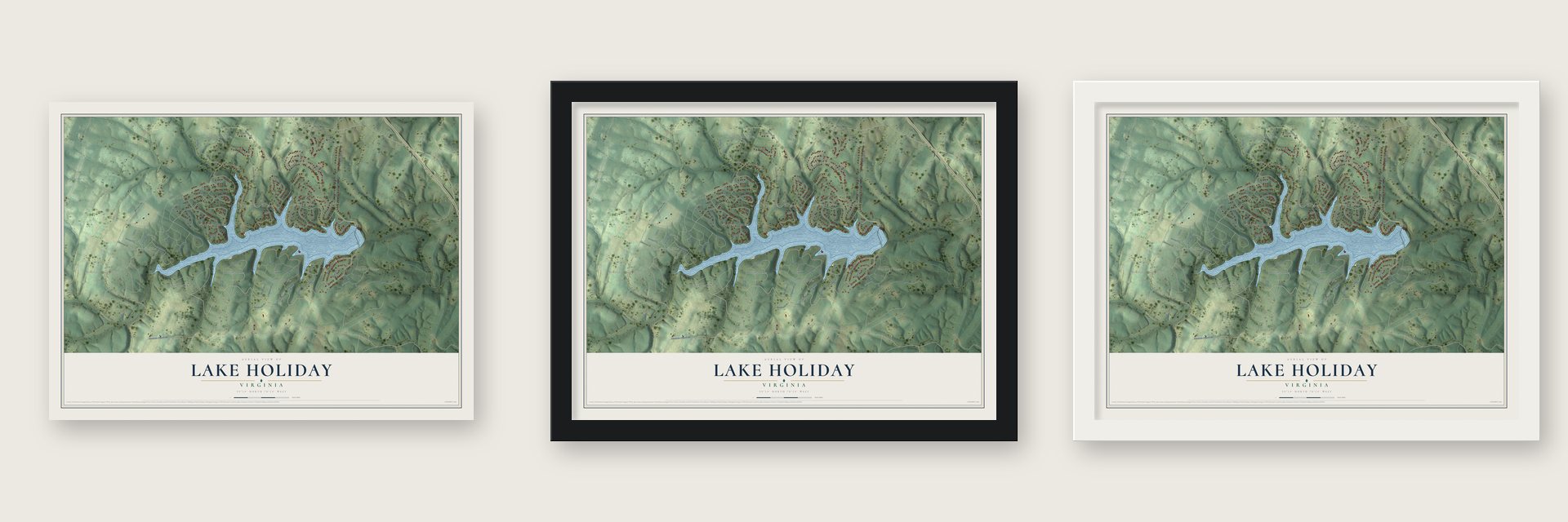 Lake Holiday, Virginia map unframed, in a black wood frame and in a white wood frame