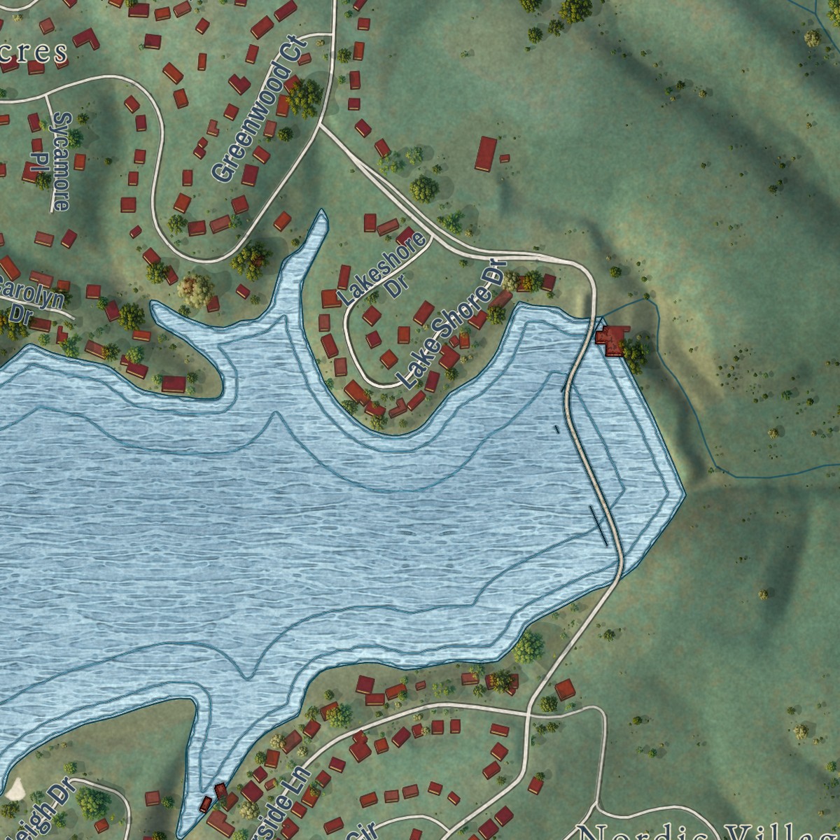 Second close-up of the map of Lake Holiday, Virginia print showing more streets and buildings