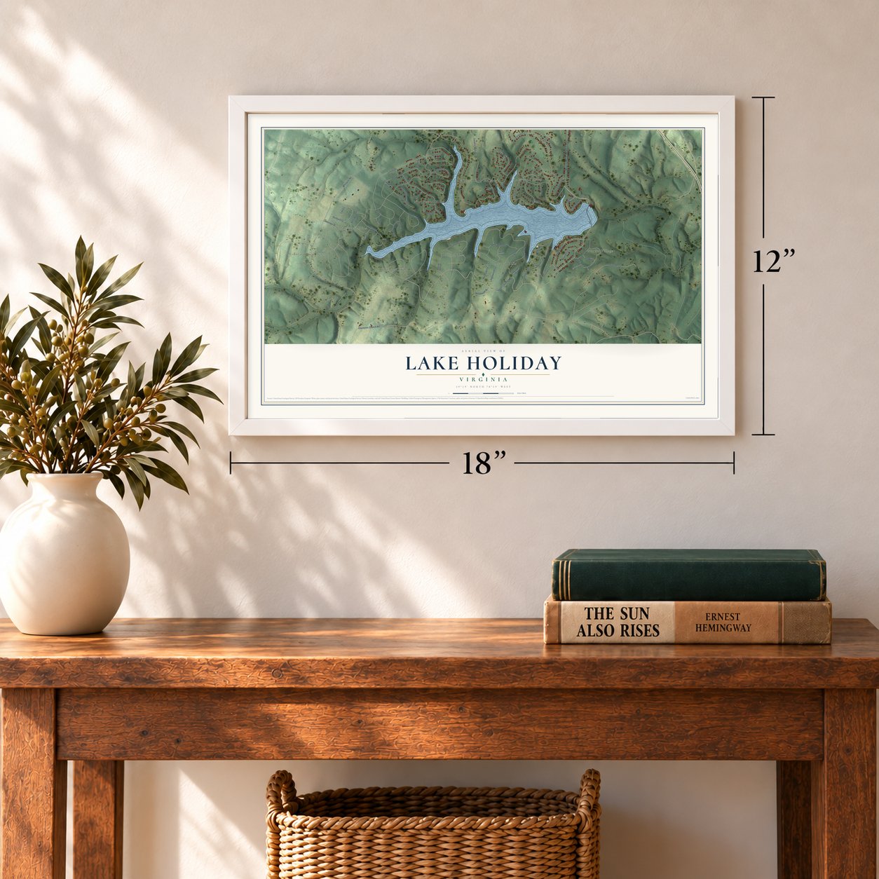 Lake Holiday, Virginia map, 12 x 18 inch print in a white frame in an entryway