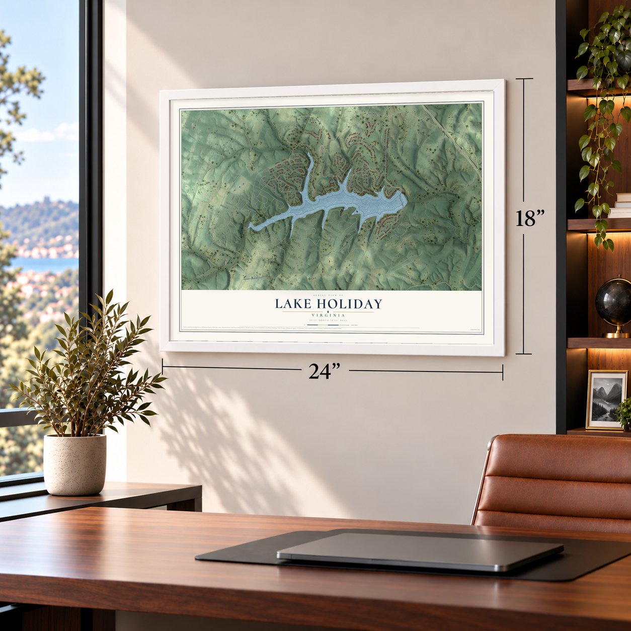 Lake Holiday, Virginia map, 18 x 24 inch print in a white frame in a home office