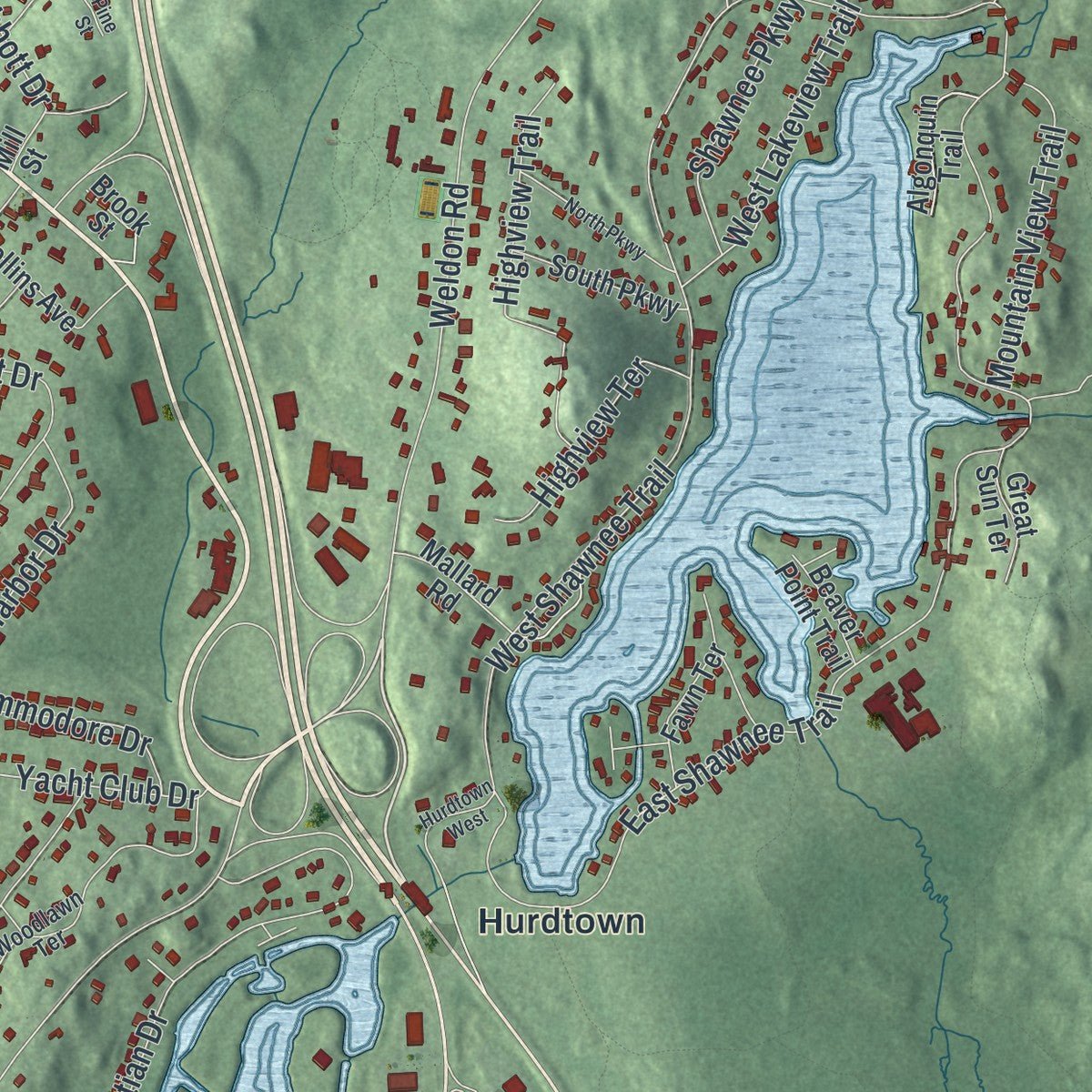 Second close-up of the map of Lake Hopatcong, New Jersey print showing more streets and buildings