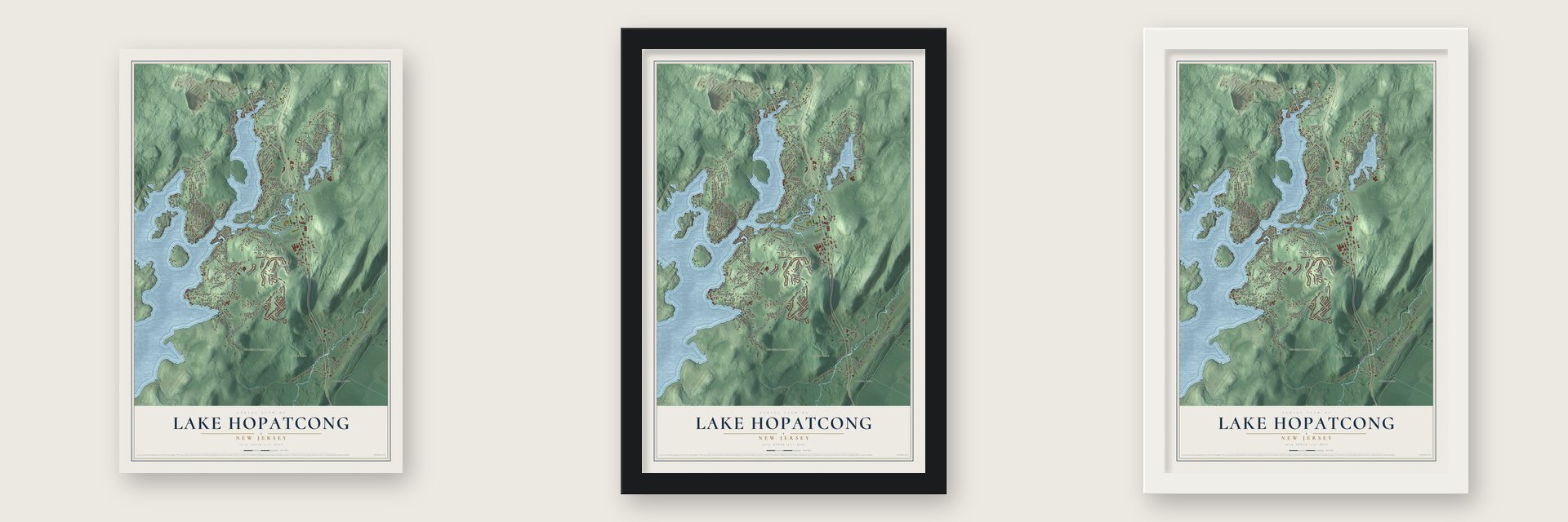 Lake Hopatcong, New Jersey map unframed, in a black wood frame and in a white wood frame