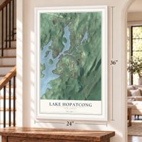 Lake Hopatcong, New Jersey map, 24 x 36 inch print in a white frame by a staircase