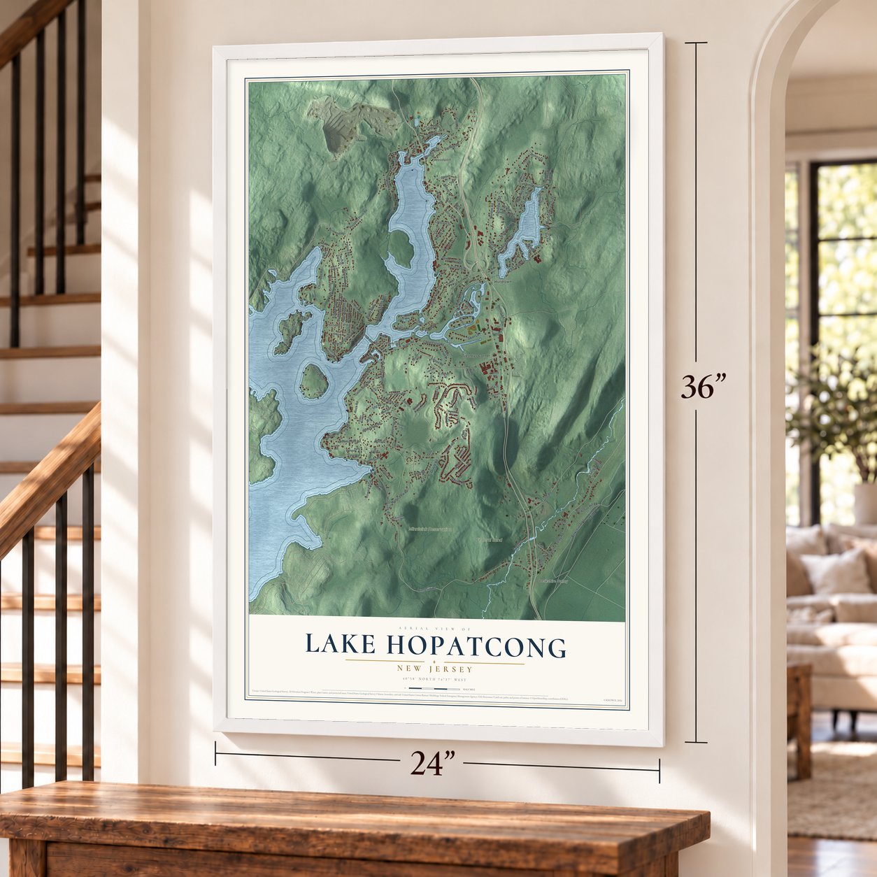 Lake Hopatcong, New Jersey map, 24 x 36 inch print in a white frame by a staircase