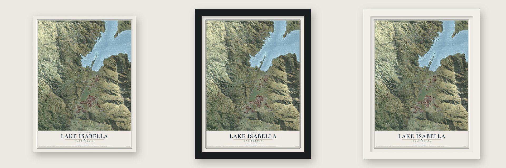 Lake Isabella, California map unframed, in a black wood frame and in a white wood frame