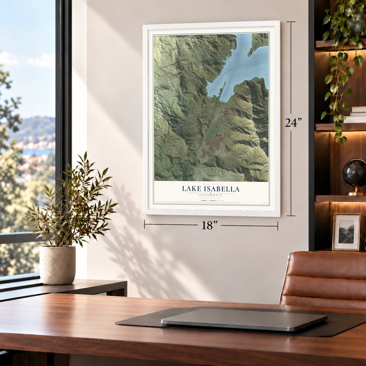 Lake Isabella, California map, 18 x 24 inch print in a white frame in a home office