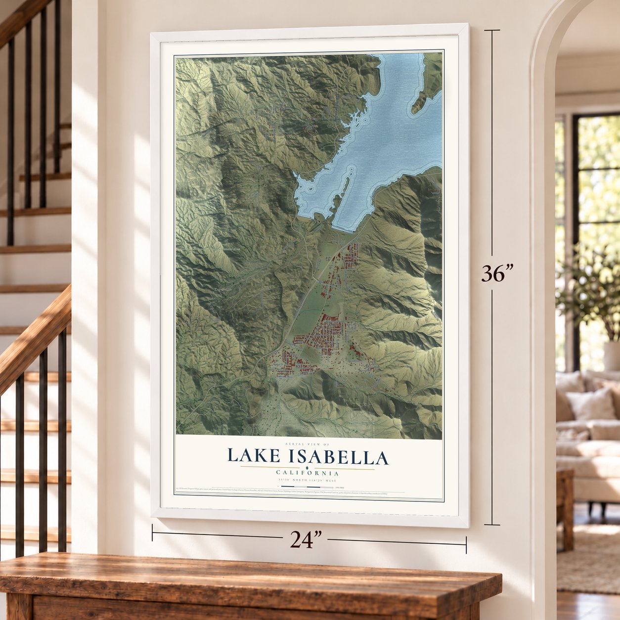 Lake Isabella, California map, 24 x 36 inch print in a white frame by a staircase