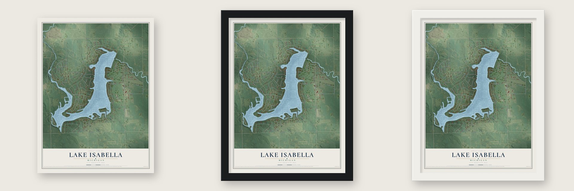 Lake Isabella, Michigan map unframed, in a black wood frame and in a white wood frame