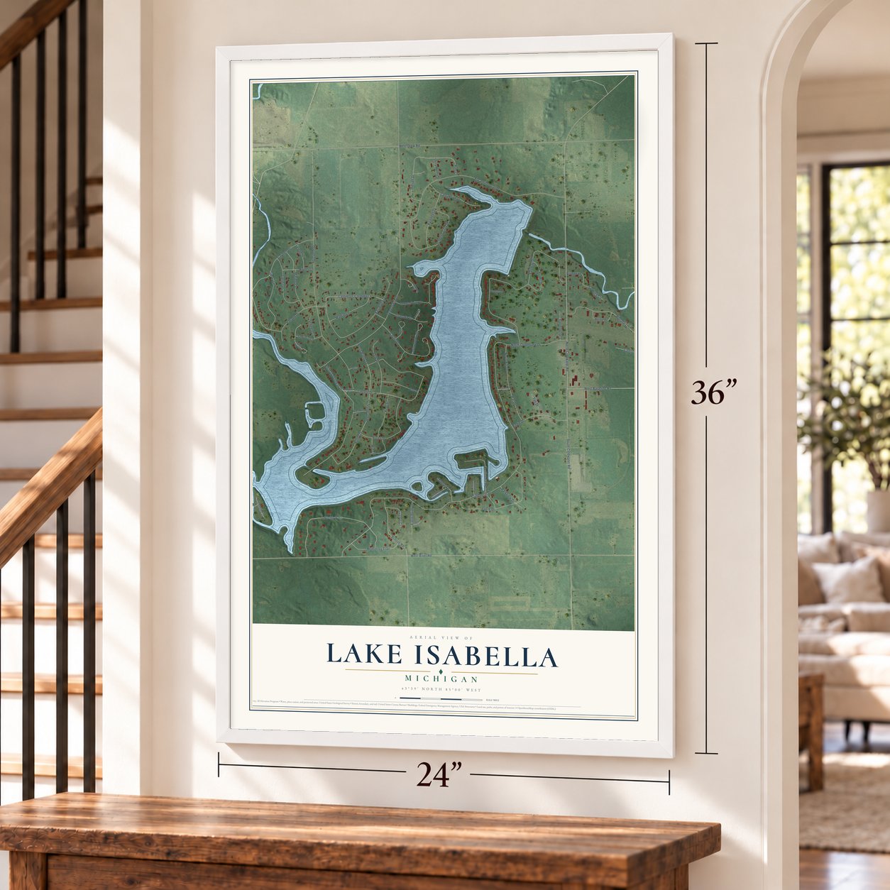 Lake Isabella, Michigan map, 24 x 36 inch print in a white frame by a staircase