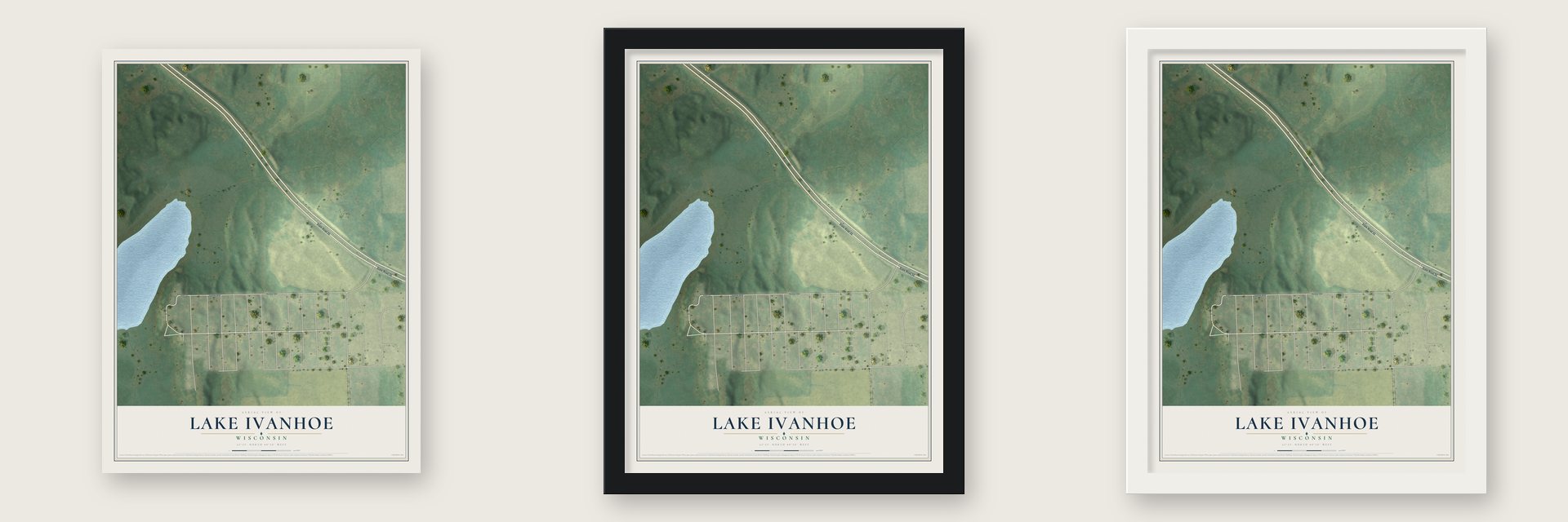 Lake Ivanhoe, Wisconsin map unframed, in a black wood frame and in a white wood frame