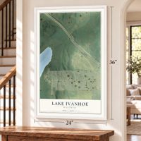 Lake Ivanhoe, Wisconsin map, 24 x 36 inch print in a white frame by a staircase