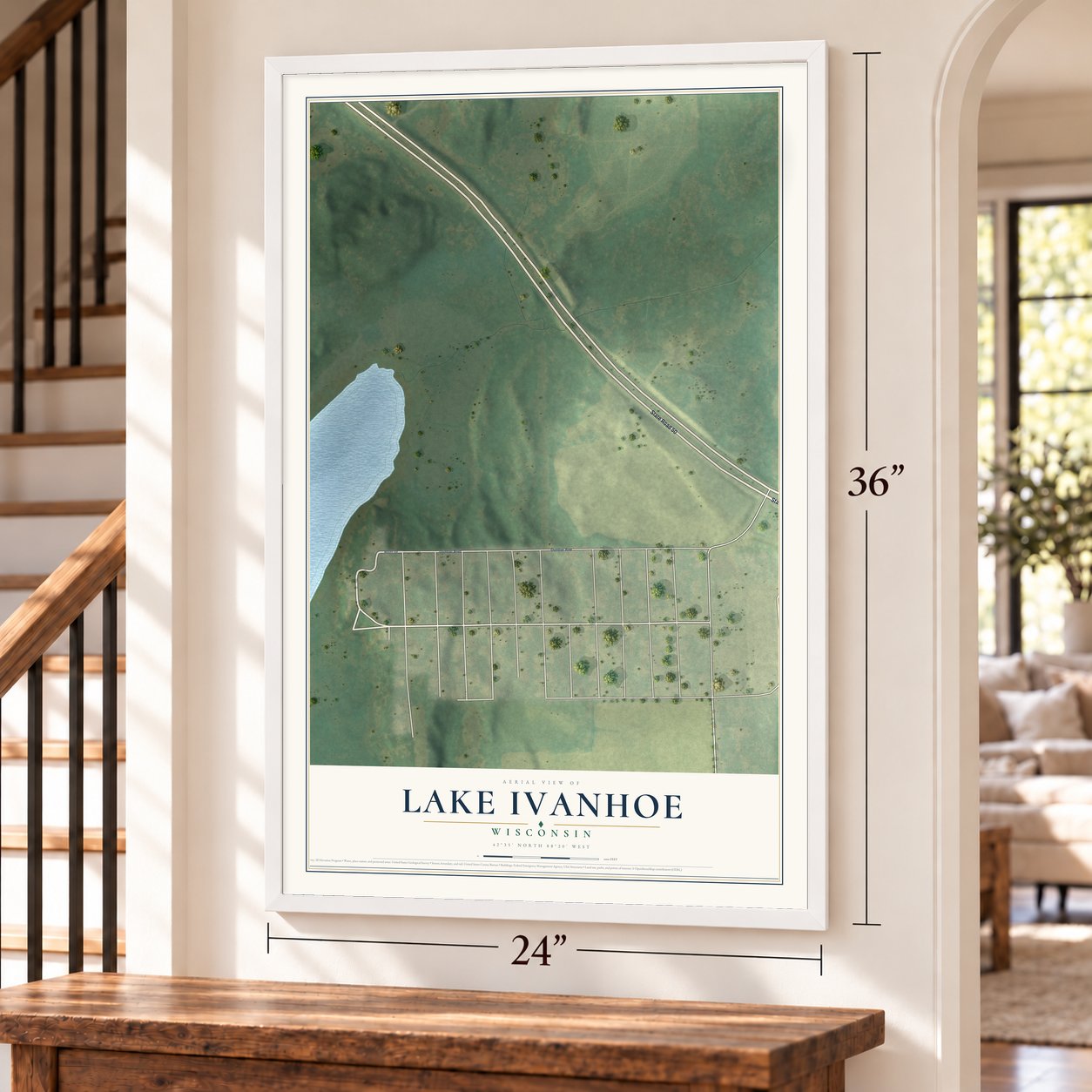 Lake Ivanhoe, Wisconsin map, 24 x 36 inch print in a white frame by a staircase