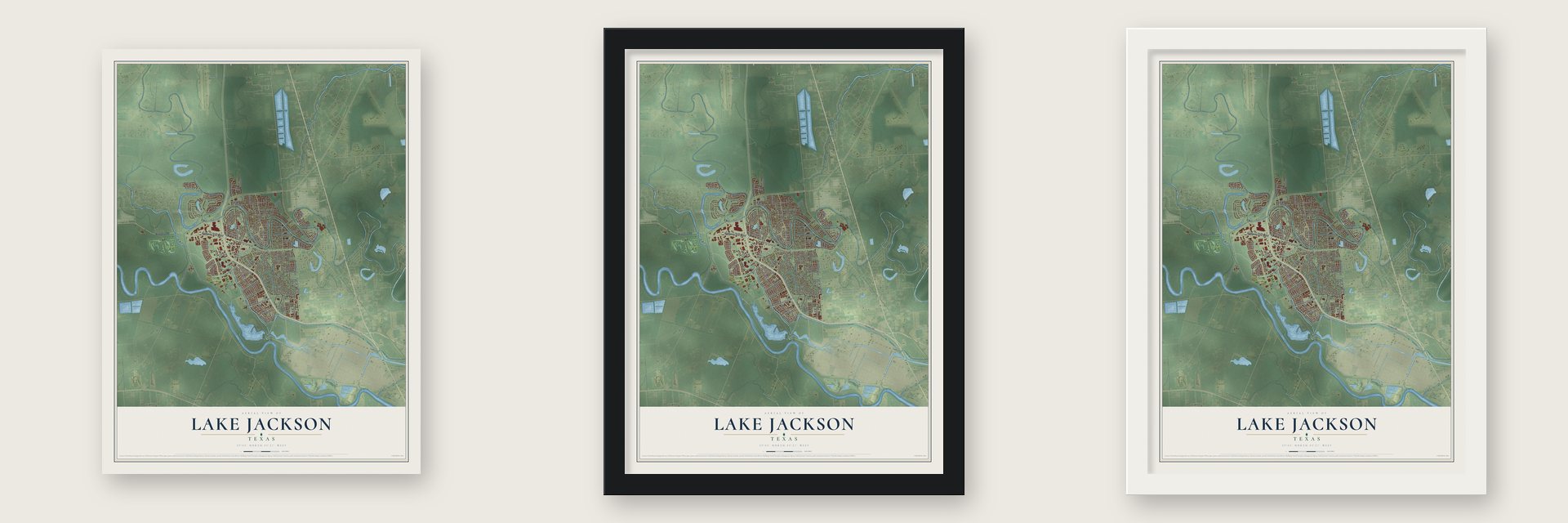 Lake Jackson, Texas map unframed, in a black wood frame and in a white wood frame