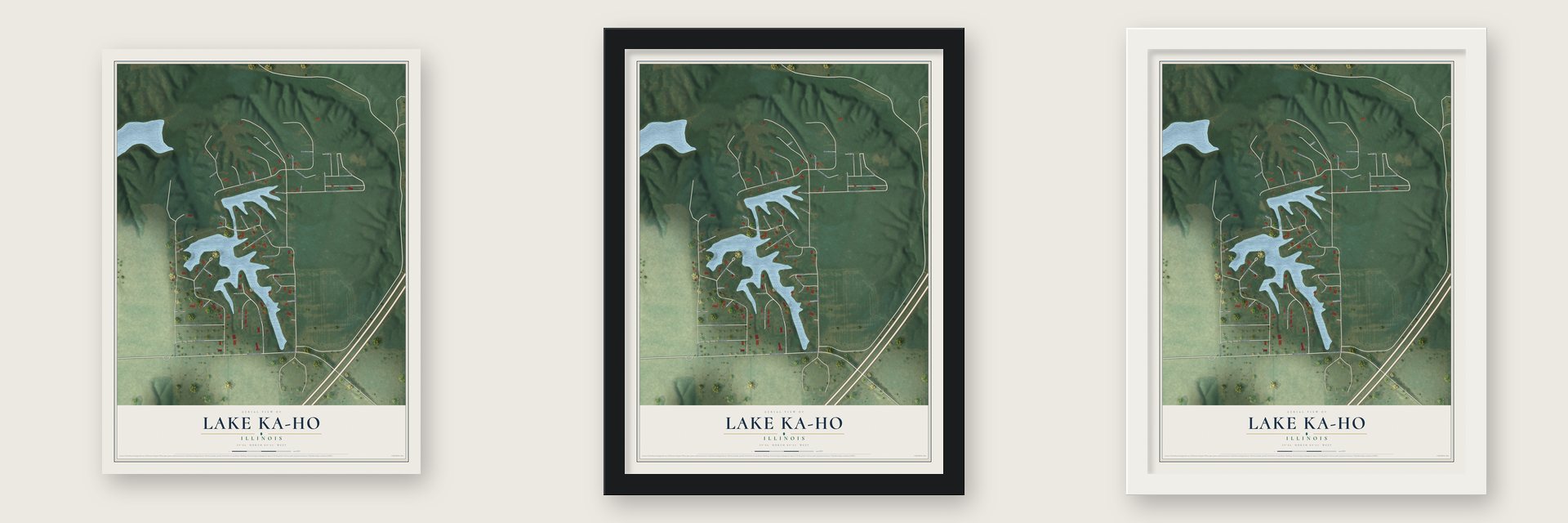 Lake Ka-Ho, Illinois map unframed, in a black wood frame and in a white wood frame