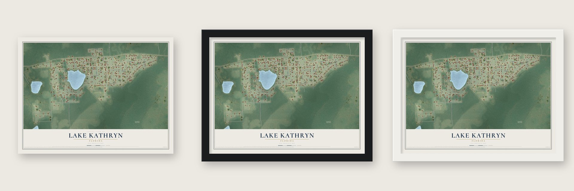Lake Kathryn, Florida map unframed, in a black wood frame and in a white wood frame