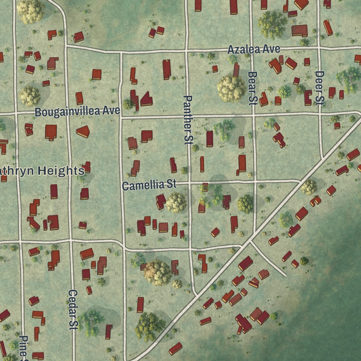 Second close-up of the map of Lake Kathryn, Florida print showing more streets and buildings