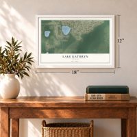 Lake Kathryn, Florida map, 12 x 18 inch print in a white frame in an entryway