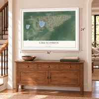 Lake Kathryn, Florida map, 24 x 36 inch print in a white frame above a dresser by a staircase