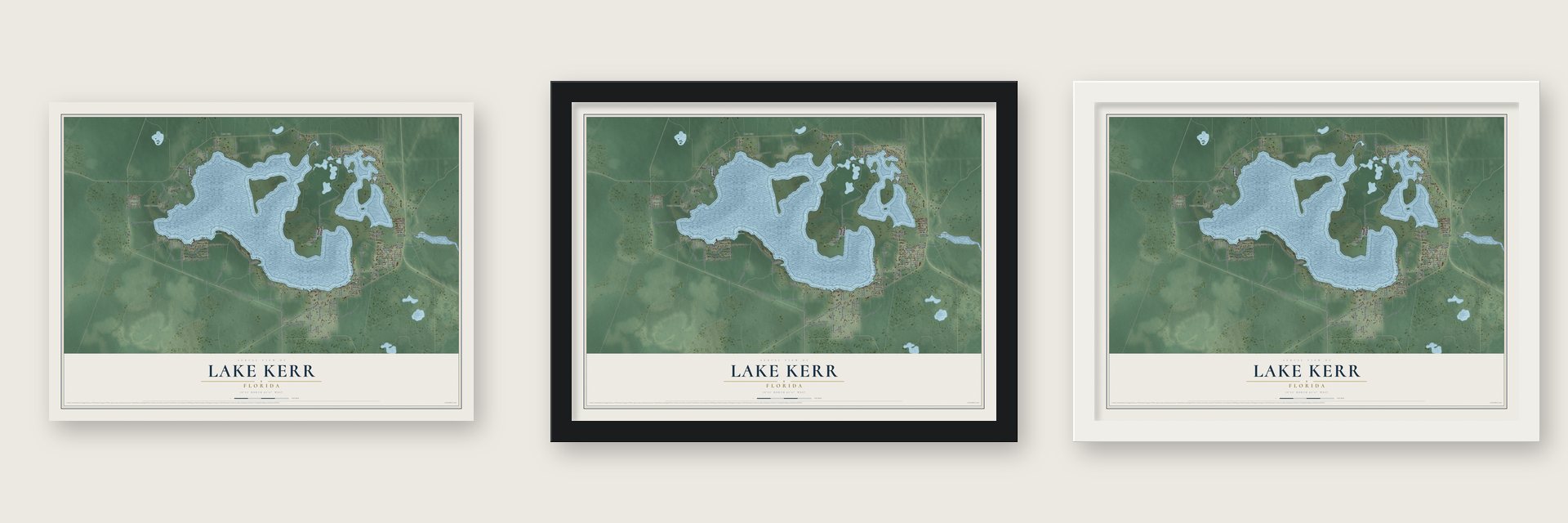 Lake Kerr, Florida map unframed, in a black wood frame and in a white wood frame