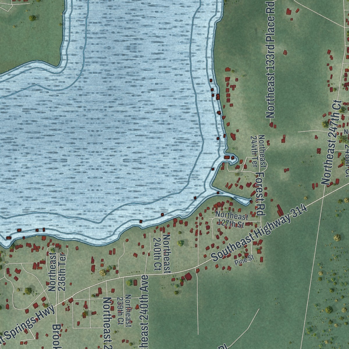Second close-up of the map of Lake Kerr, Florida print showing more streets and buildings