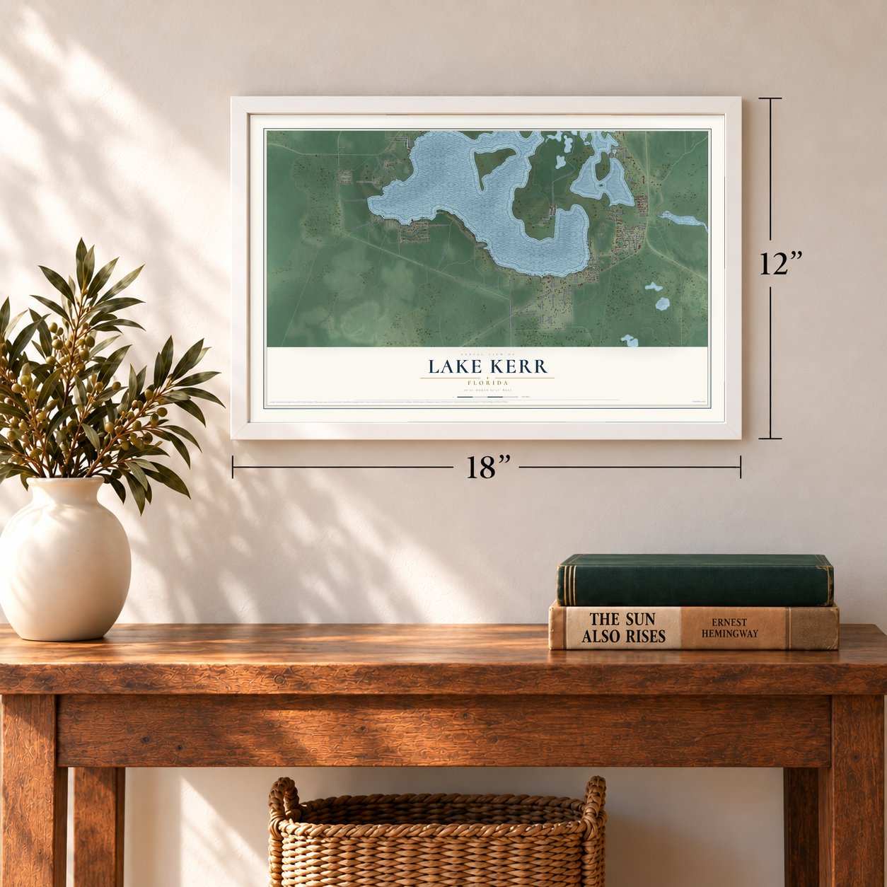 Lake Kerr, Florida map, 12 x 18 inch print in a white frame in an entryway