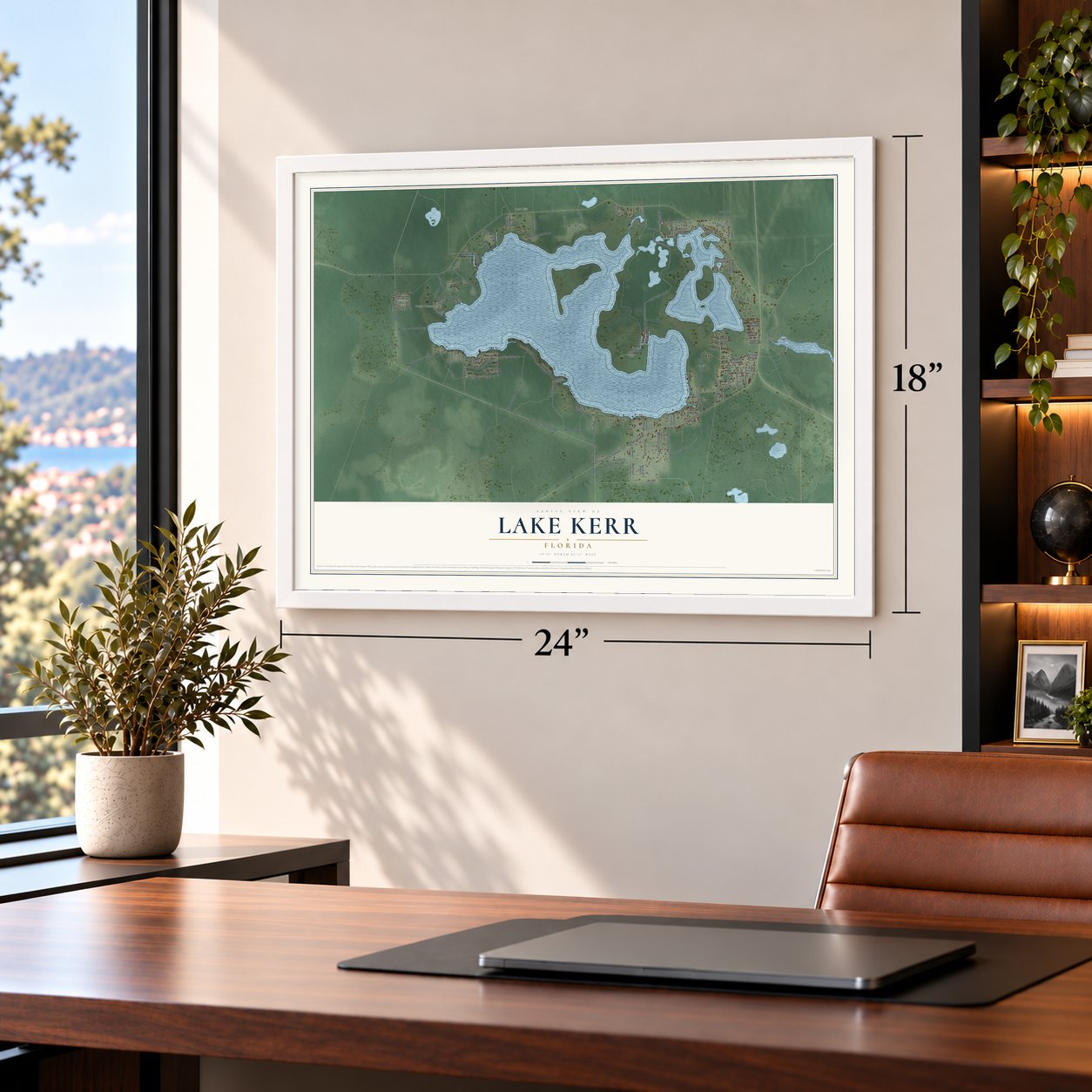 Lake Kerr, Florida map, 18 x 24 inch print in a white frame in a home office