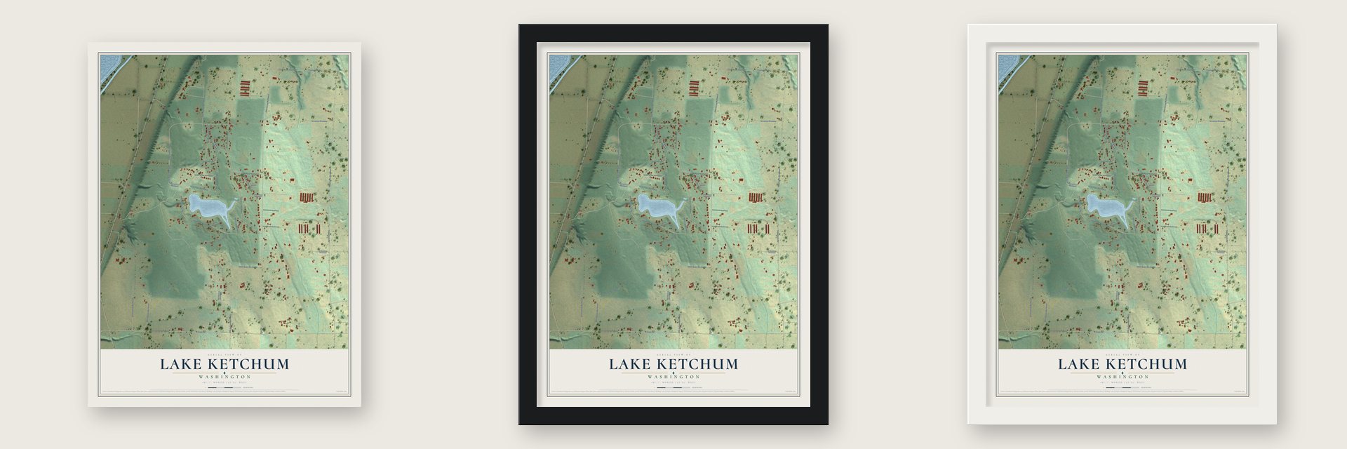 Lake Ketchum, Washington map unframed, in a black wood frame and in a white wood frame