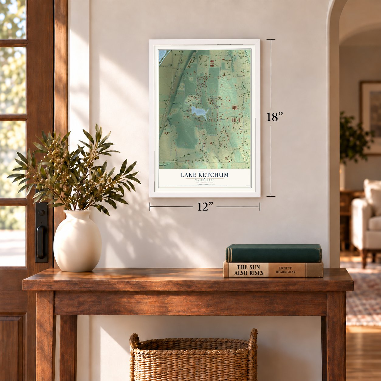 Lake Ketchum, Washington map, 12 x 18 inch print in a white frame in an entryway