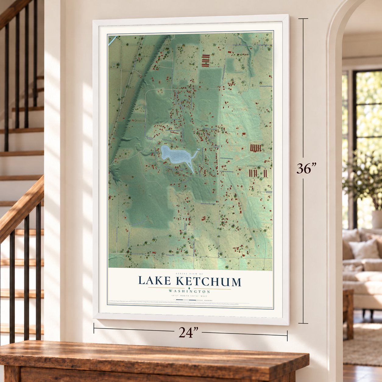 Lake Ketchum, Washington map, 24 x 36 inch print in a white frame by a staircase