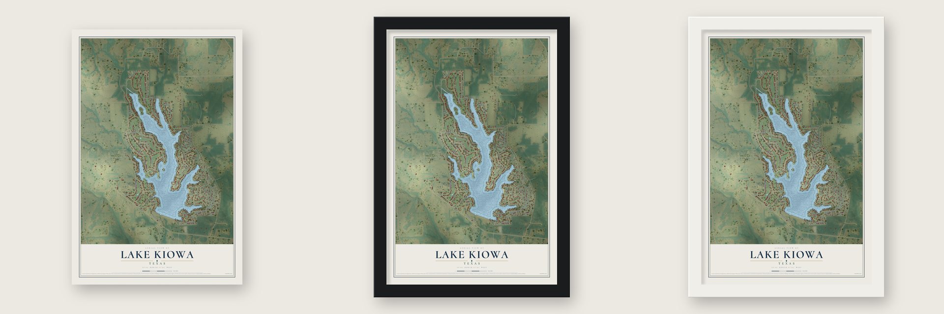 Lake Kiowa, Texas map unframed, in a black wood frame and in a white wood frame