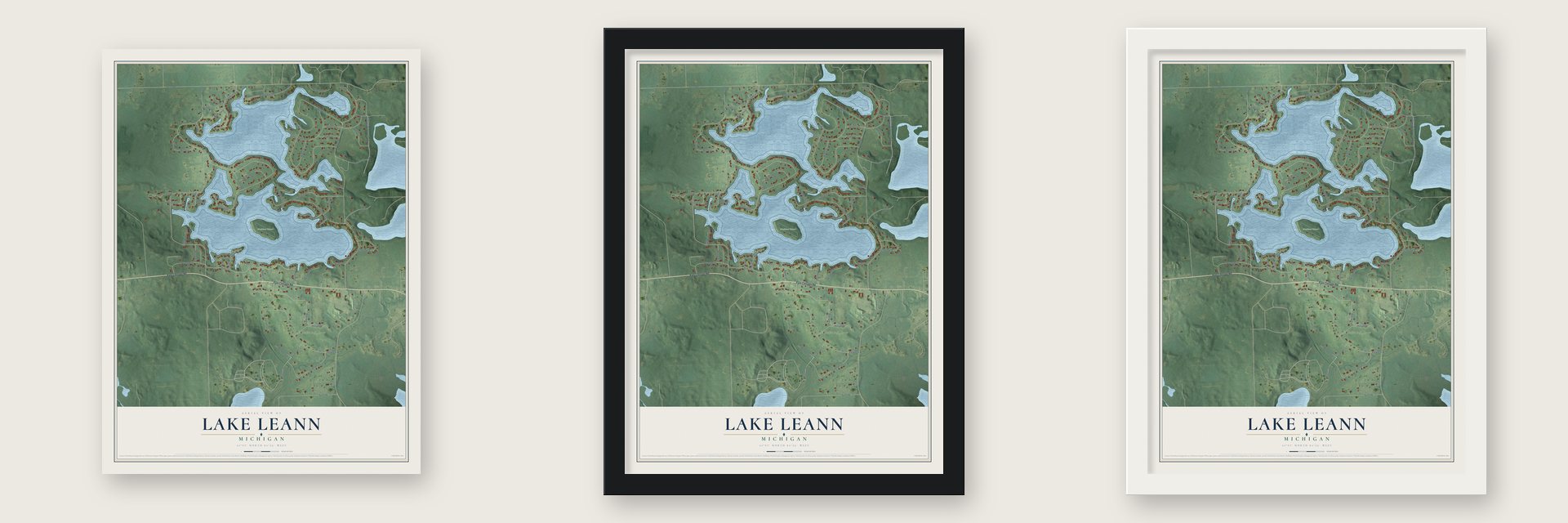 Lake LeAnn, Michigan map unframed, in a black wood frame and in a white wood frame