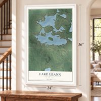 Lake LeAnn, Michigan map, 24 x 36 inch print in a white frame by a staircase