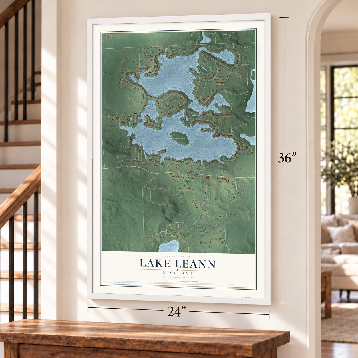 Lake LeAnn, Michigan map, 24 x 36 inch print in a white frame by a staircase