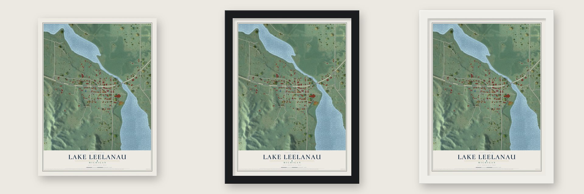 Lake Leelanau, Michigan map unframed, in a black wood frame and in a white wood frame