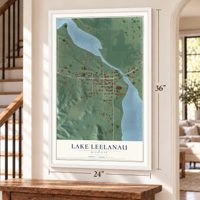 Lake Leelanau, Michigan map, 24 x 36 inch print in a white frame by a staircase