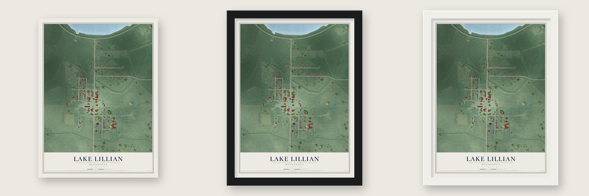 Lake Lillian, Minnesota map unframed, in a black wood frame and in a white wood frame