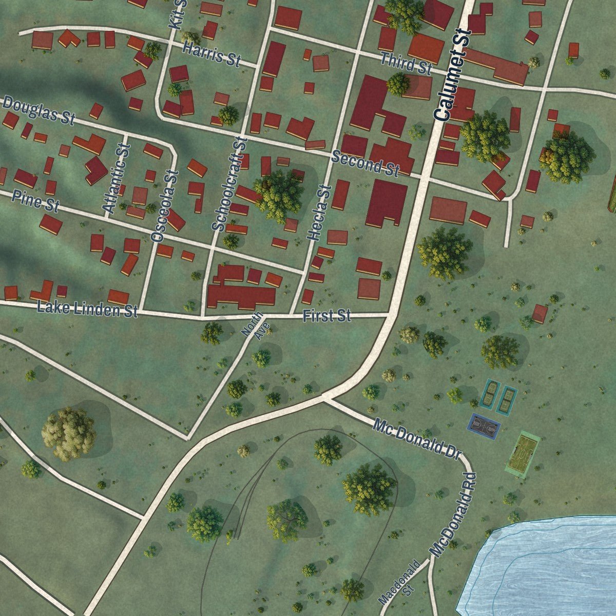 Second close-up of the map of Lake Linden, Michigan print showing more streets and buildings
